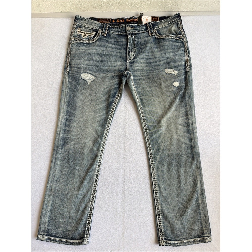 NWT Rock Revival Kelem Straight Leg Jeans w/Leather Detail, Men's Size 44x32